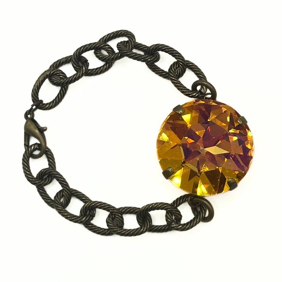 Handcrafted Large Yellow Swarvoski Crystal Chunky Antique Gold Chain Bracelet - Picture 1 of 8